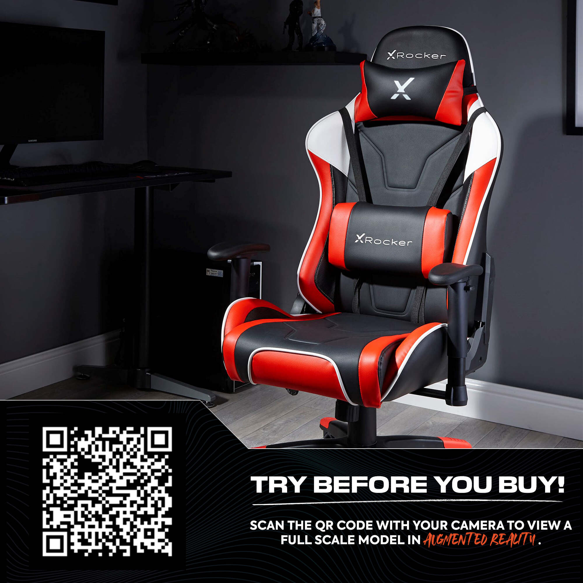 Gaming chair with X rocker branding in a room setting, featuring a QR code for augmented reality.
