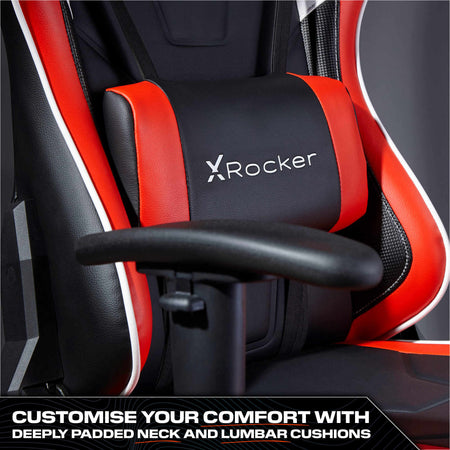 Red and black gaming chair with X rocker logo and text about customizable comfort.