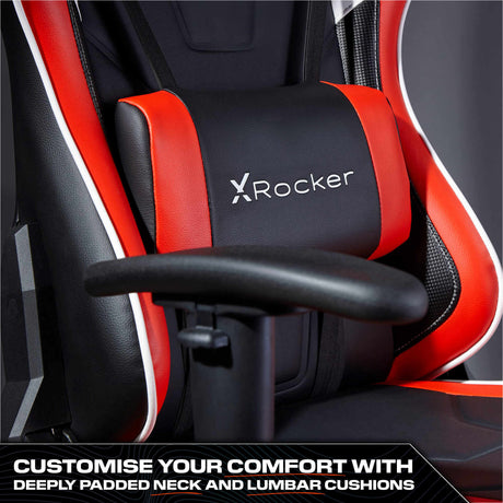 Red and black gaming chair with X rocker logo and text about customizable comfort.