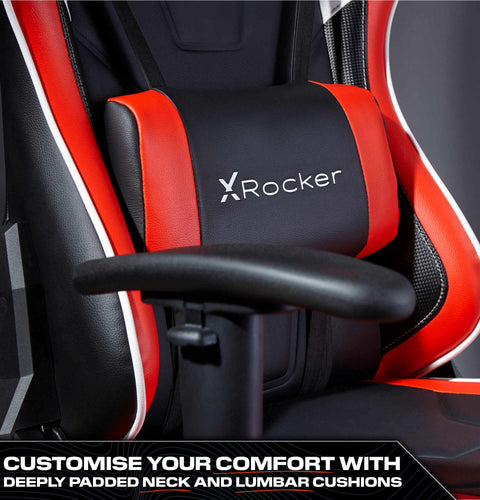 Red and black gaming chair with X rocker logo and text about customizable comfort.