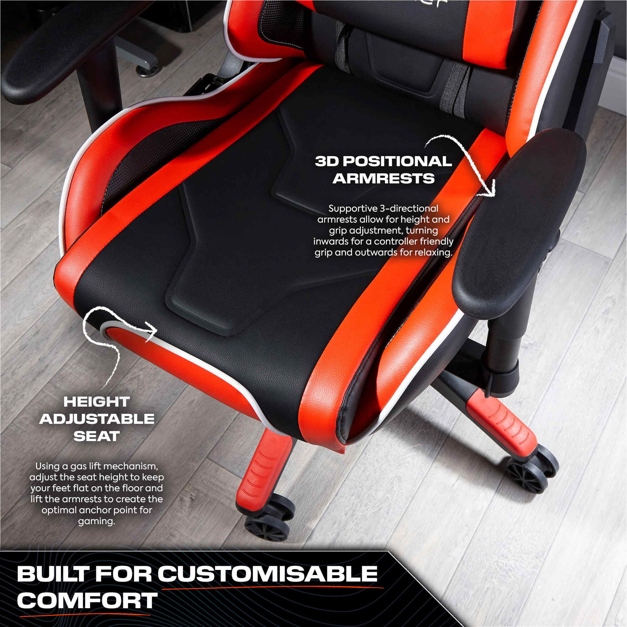 Gaming chair with red and black design on a wooden floor
