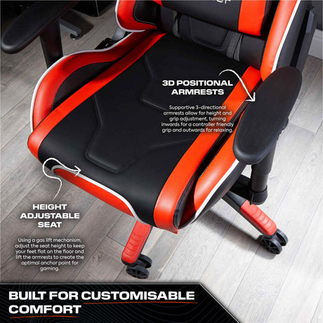 Gaming chair with red and black design on a wooden floor