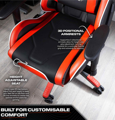 Gaming chair with red and black design on a wooden floor