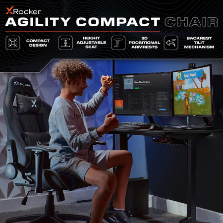 X rocker agility compact | carbon schwarz | 3d nastavljivi nasloni za roke | nagib do 120° | gaming stol za otroke in mladostnike 3 X rocker agility compact carbon schwarz gaming stol v uporabi za otroke in najstnike