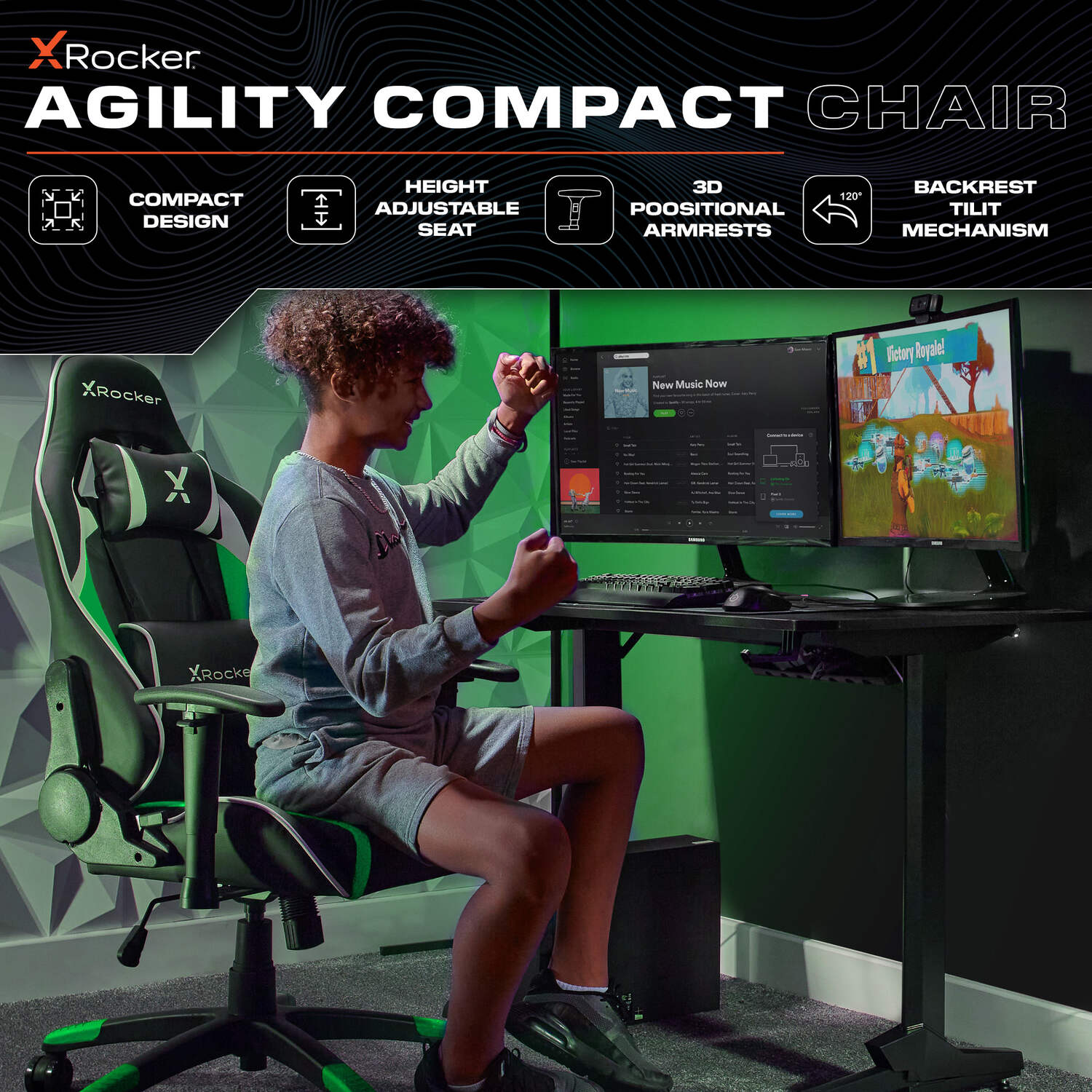 Agility Compact Ergonomic eSports Gaming Chair for Juniors - Black / Green