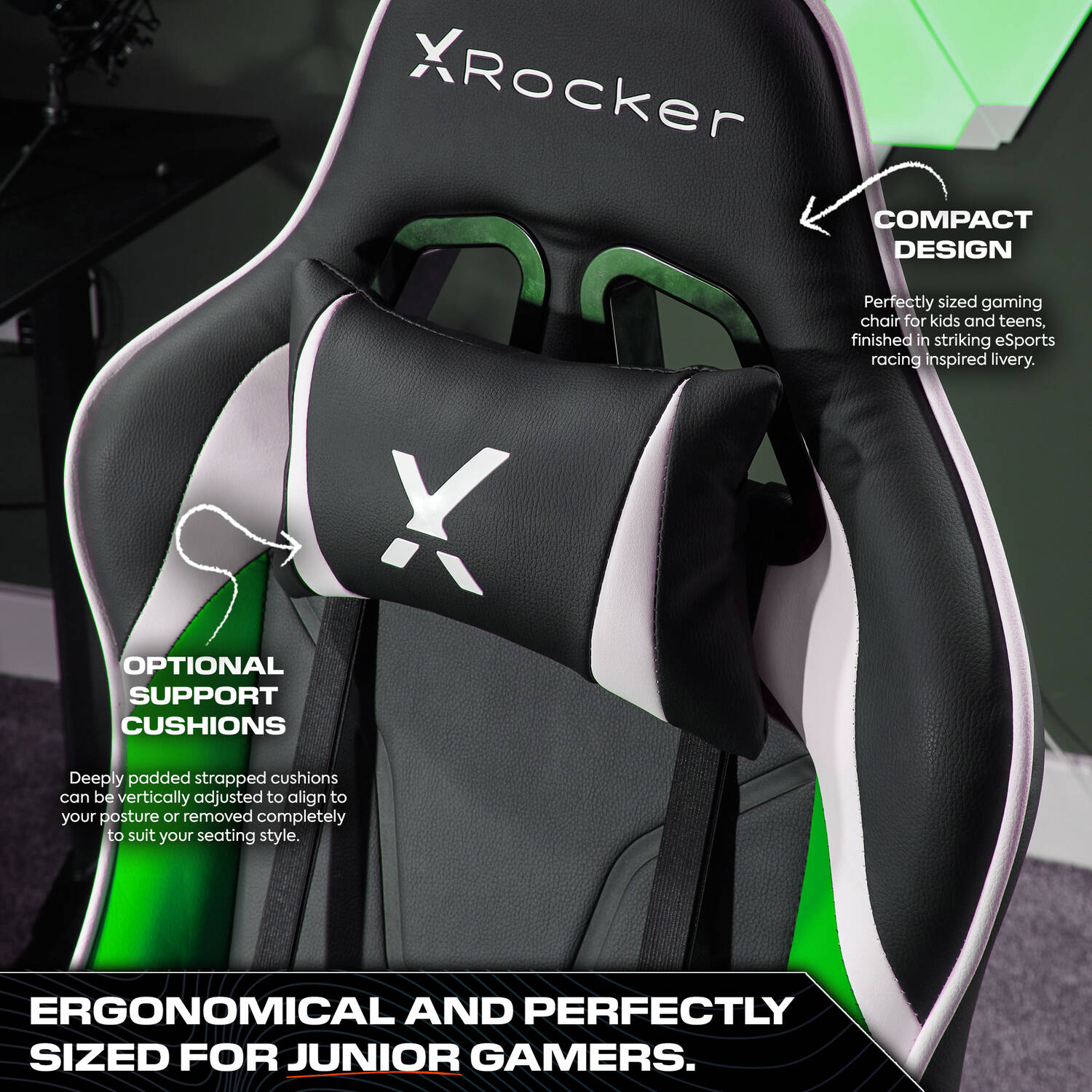 Agility Compact Ergonomic eSports Gaming Chair for Juniors - Black / Green