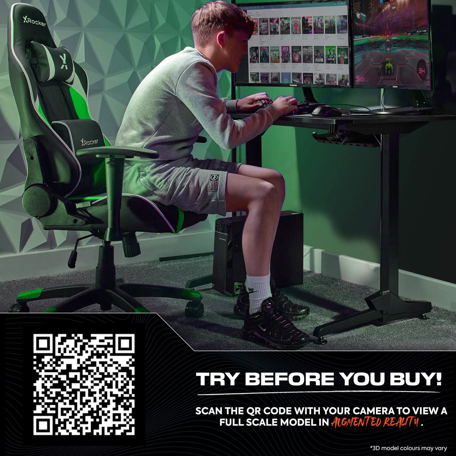 Agility Compact Ergonomic eSports Gaming Chair for Juniors - Black / Green
