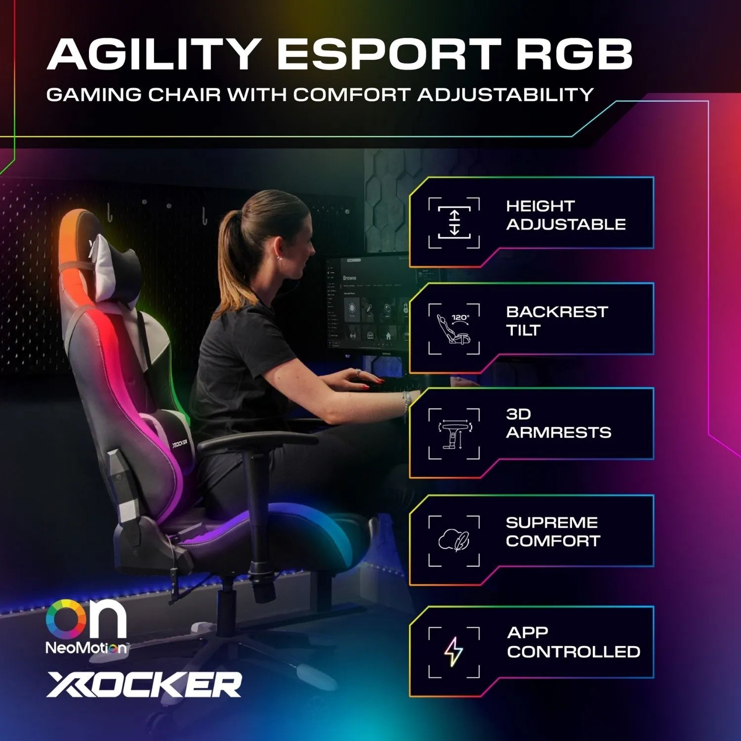 Gaming chair with RGB lighting and adjustable features, featuring a person using the chair.
