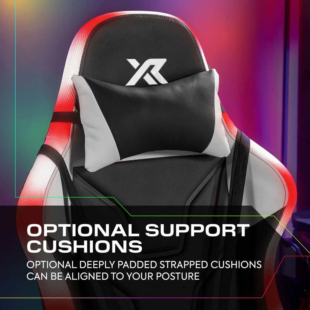 Gaming chair with black and gray headrest cushion and RGB lighting on a colorful background