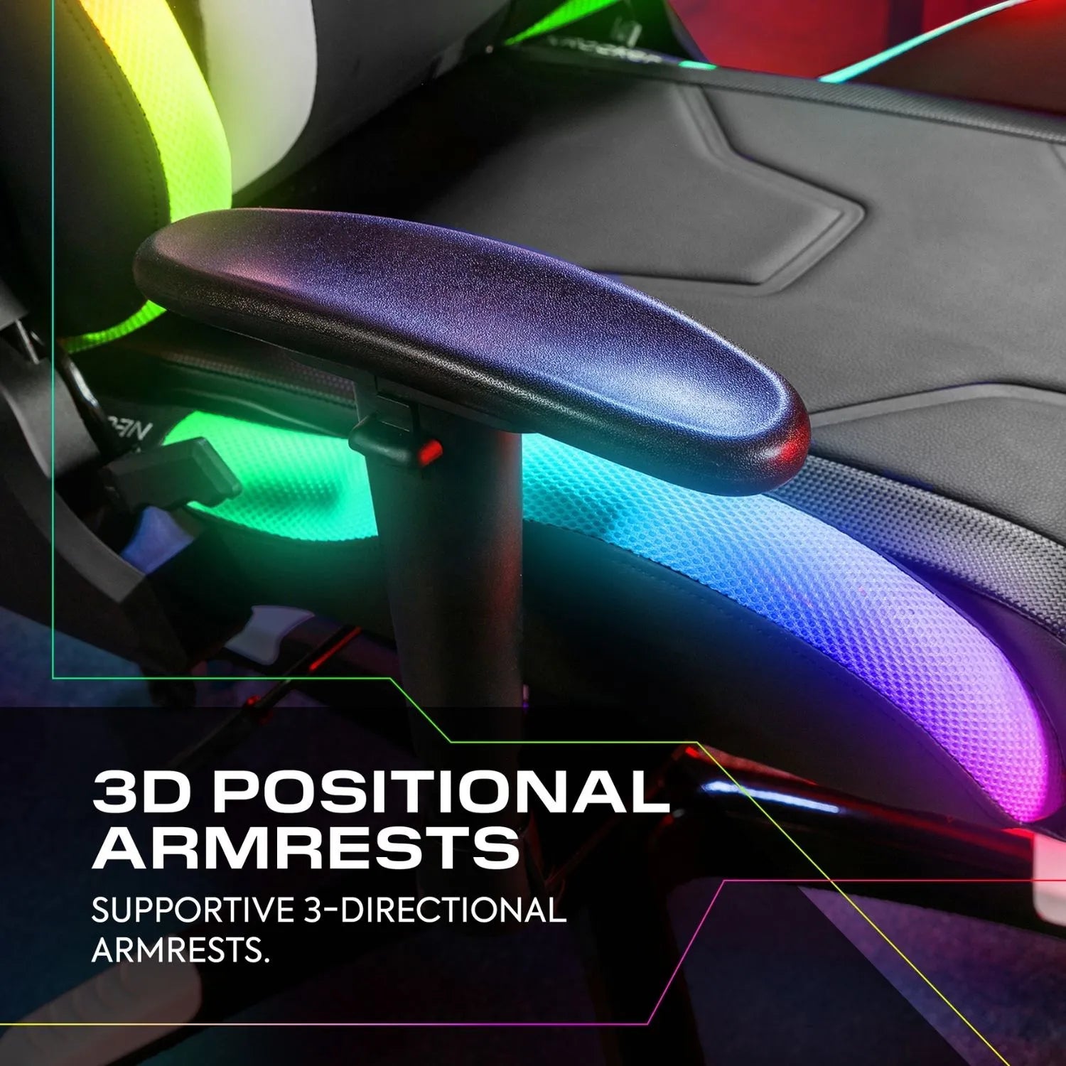 Gaming Chair with 3D positional armrests and colorful lighting effects.