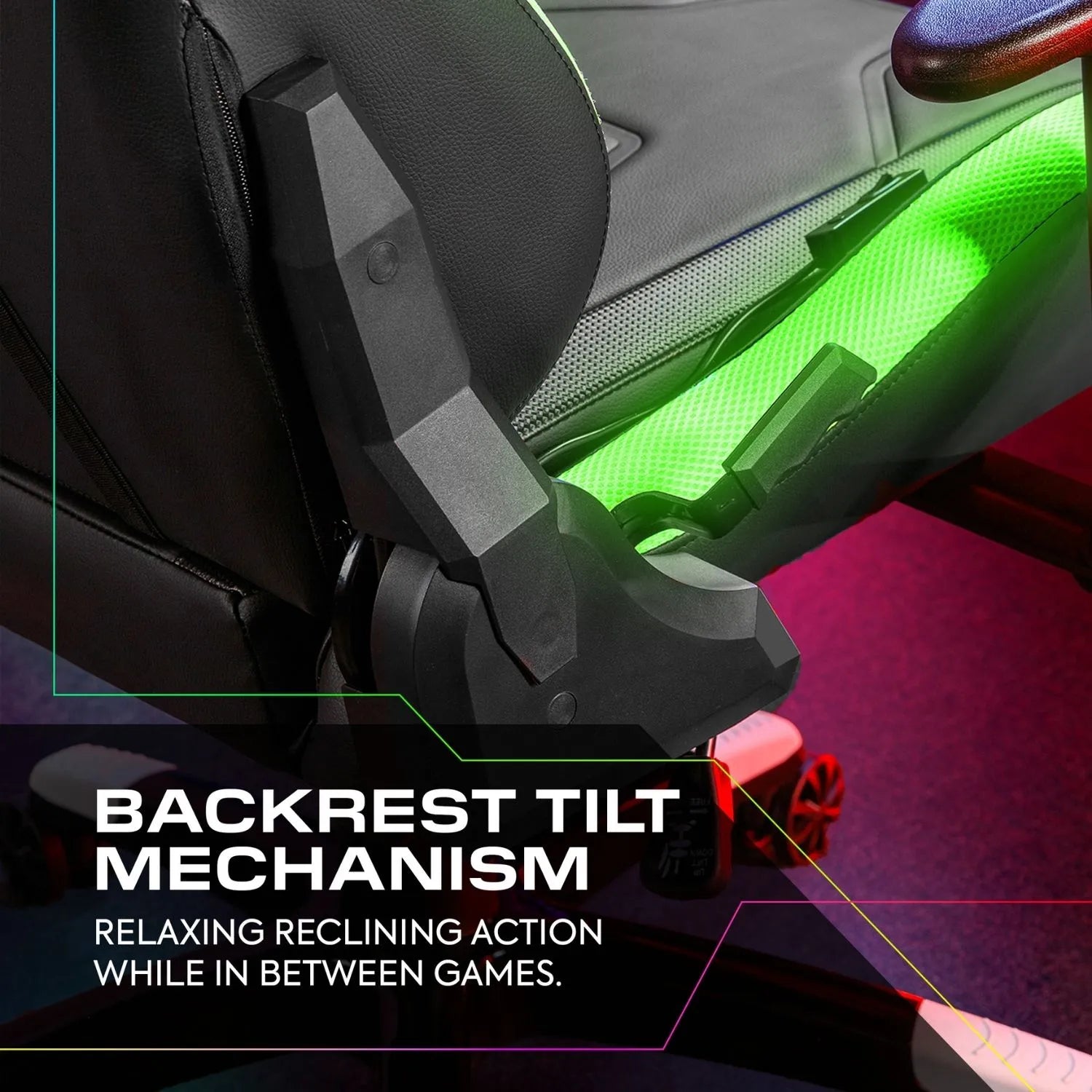 Gaming chair with backrest tilt mechanism highlighted, featuring green lighting and text.