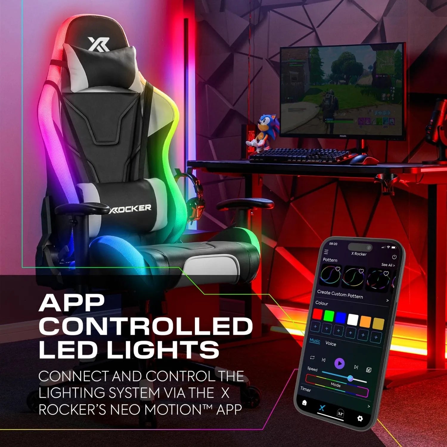 Gaming chair with RGB lighting, smartphone app, and gaming setup in a room.