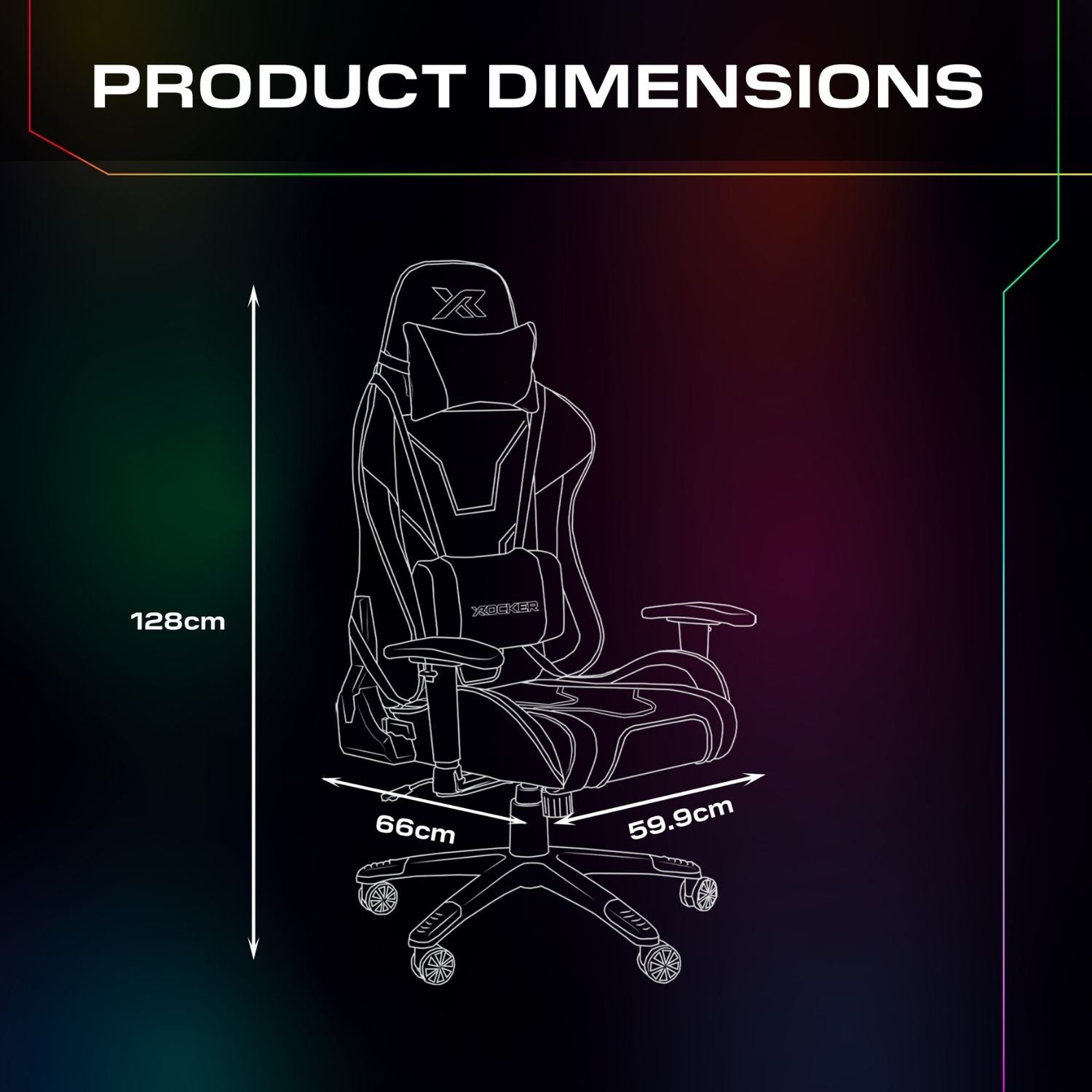 Gaming chair with dimensions on a dark background