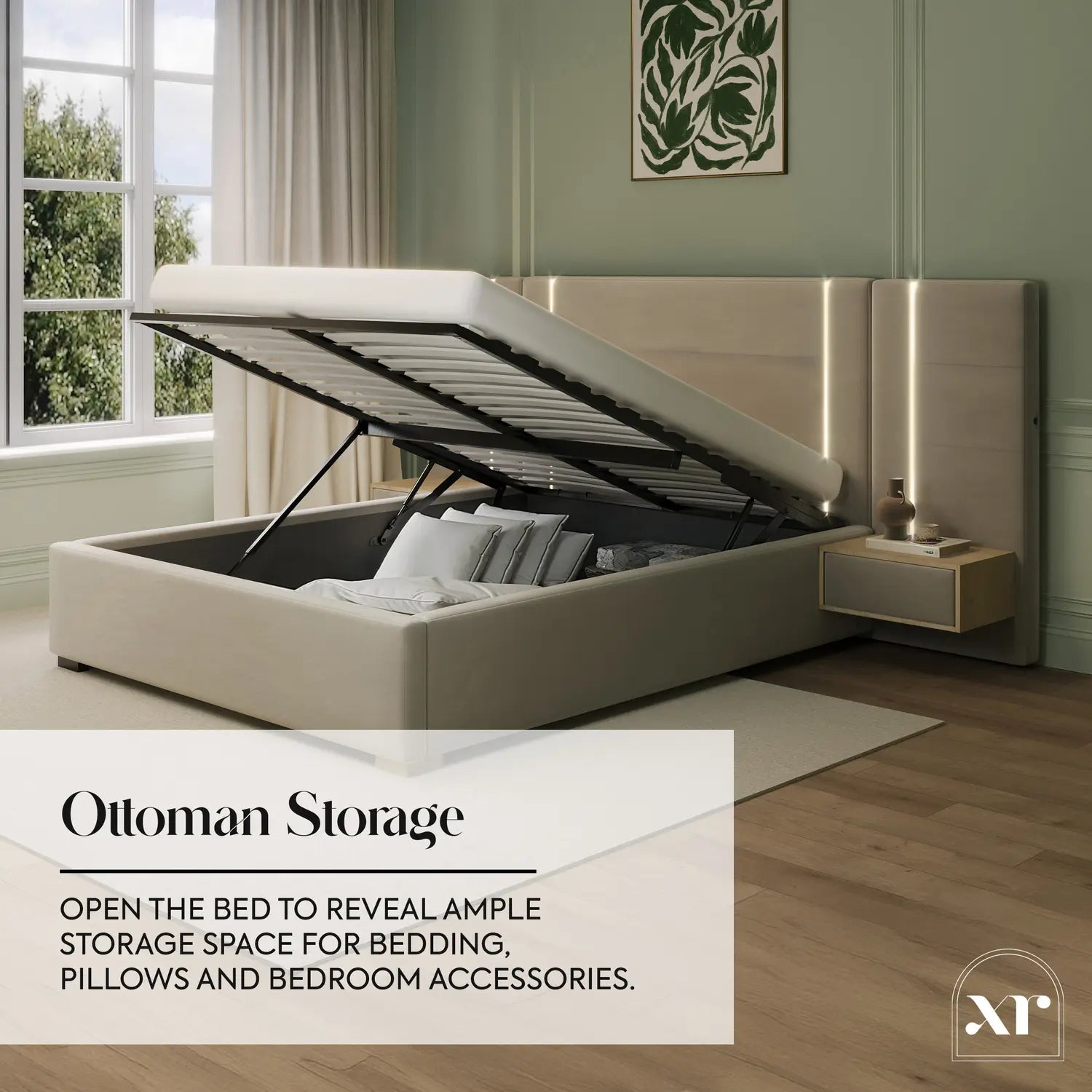 Amelia Ottoman Hotel Bed With Bedside Tables and App Controlled Lights - Natural Stone (2 Sizes)