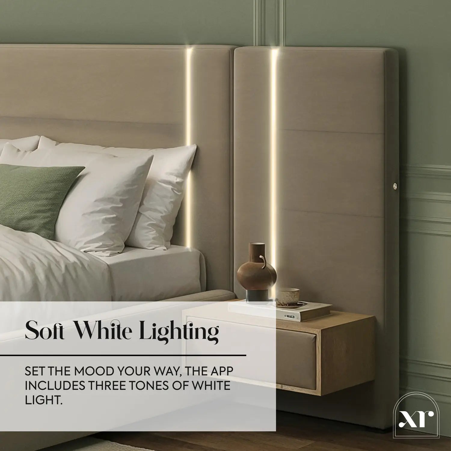 Amelia Ottoman Hotel Bed With Bedside Tables and App Controlled Lights - Natural Stone (2 Sizes)