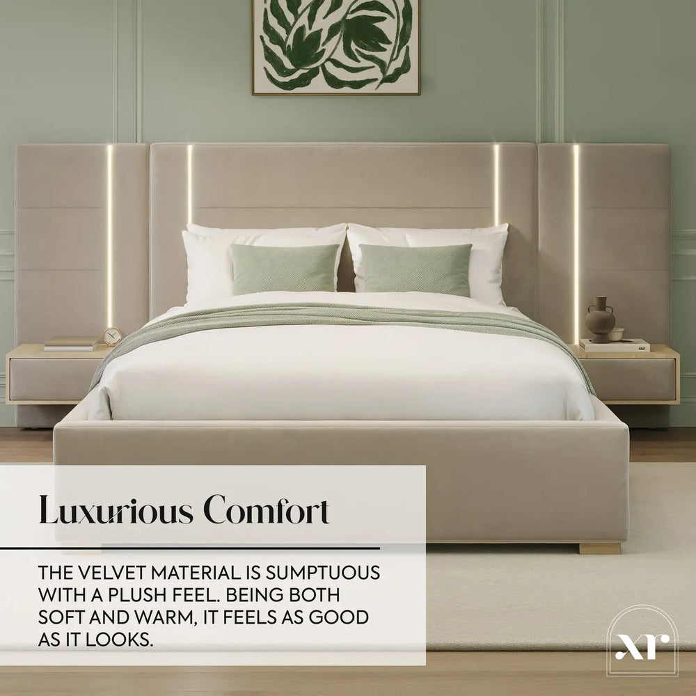 Amelia Ottoman Hotel Bed With Bedside Tables and App Controlled Lights - Natural Stone (2 Sizes)