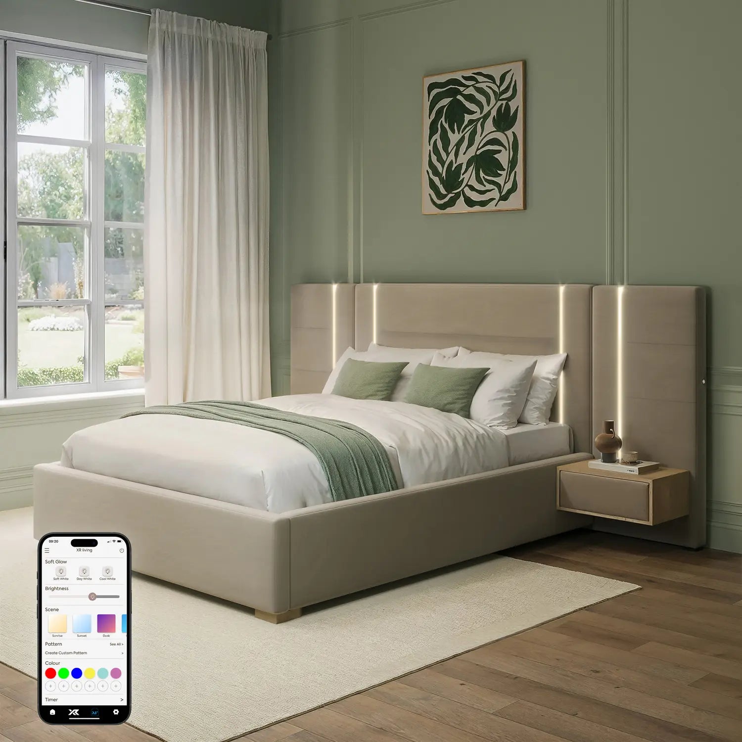 Amelia Ottoman Hotel Bed With Bedside Tables and App Controlled Lights - Natural Stone (2 Sizes)