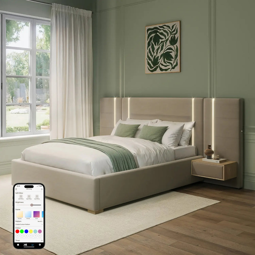 Amelia Ottoman Hotel Bed With Bedside Tables and App Controlled Lights - Natural Stone (2 Sizes)