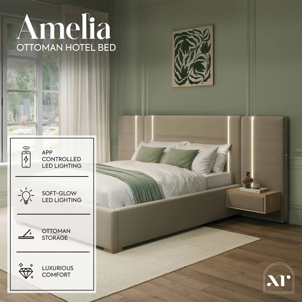 Amelia Ottoman Hotel Bed With Bedside Tables and App Controlled Lights - Natural Stone (2 Sizes)