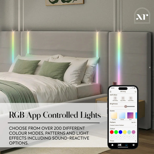 Amelia Ottoman Hotel Bed With Bedside Tables and App Controlled Lights - Grey (2 Sizes)