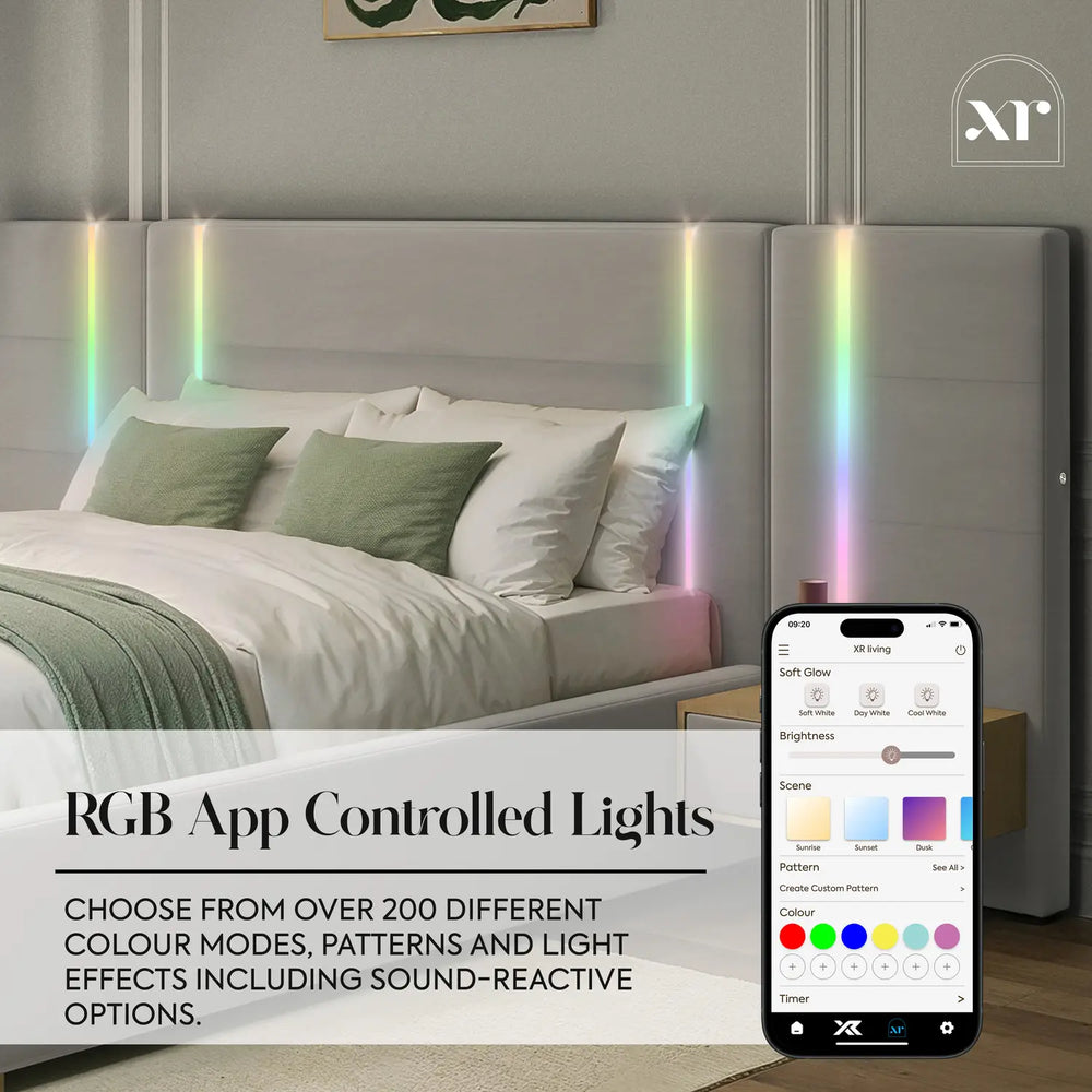 Amelia Ottoman Hotel Bed With Bedside Tables and App Controlled Lights - Grey (2 Sizes)