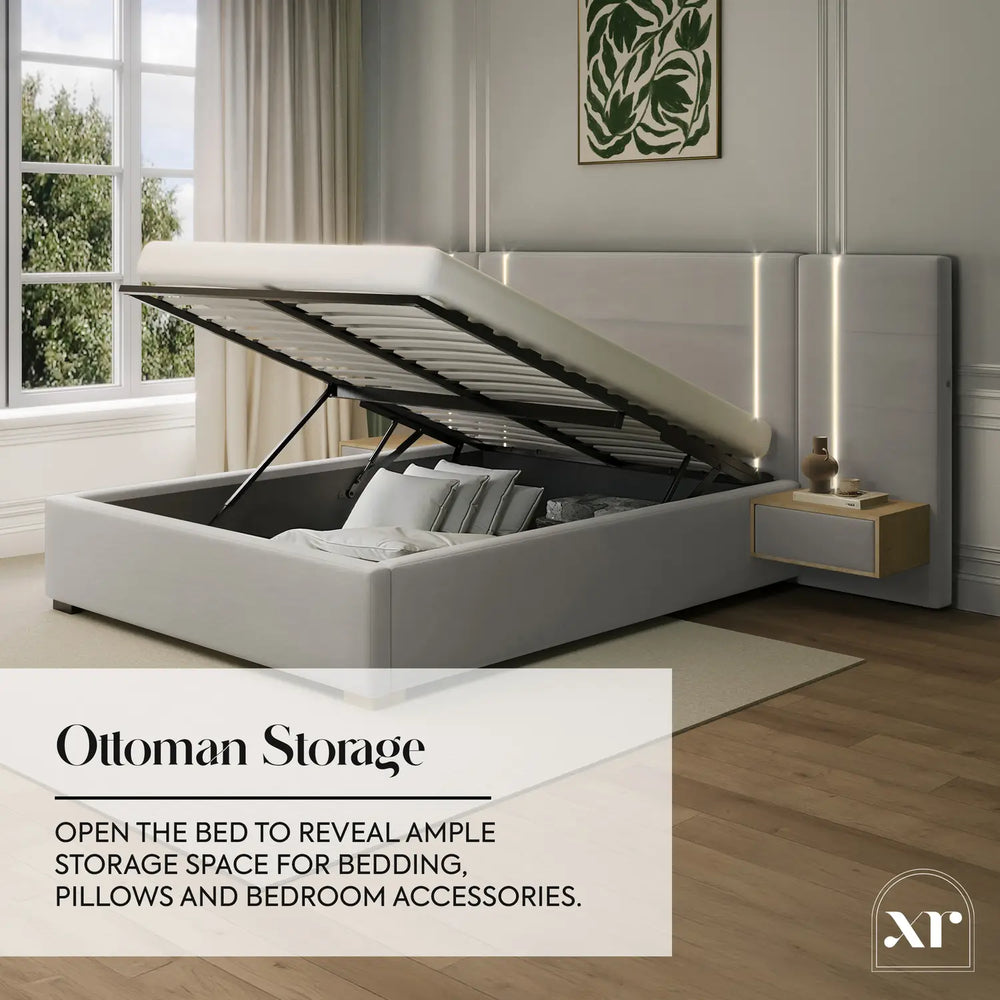 Amelia Ottoman Hotel Bed With Bedside Tables and App Controlled Lights - Grey (2 Sizes)