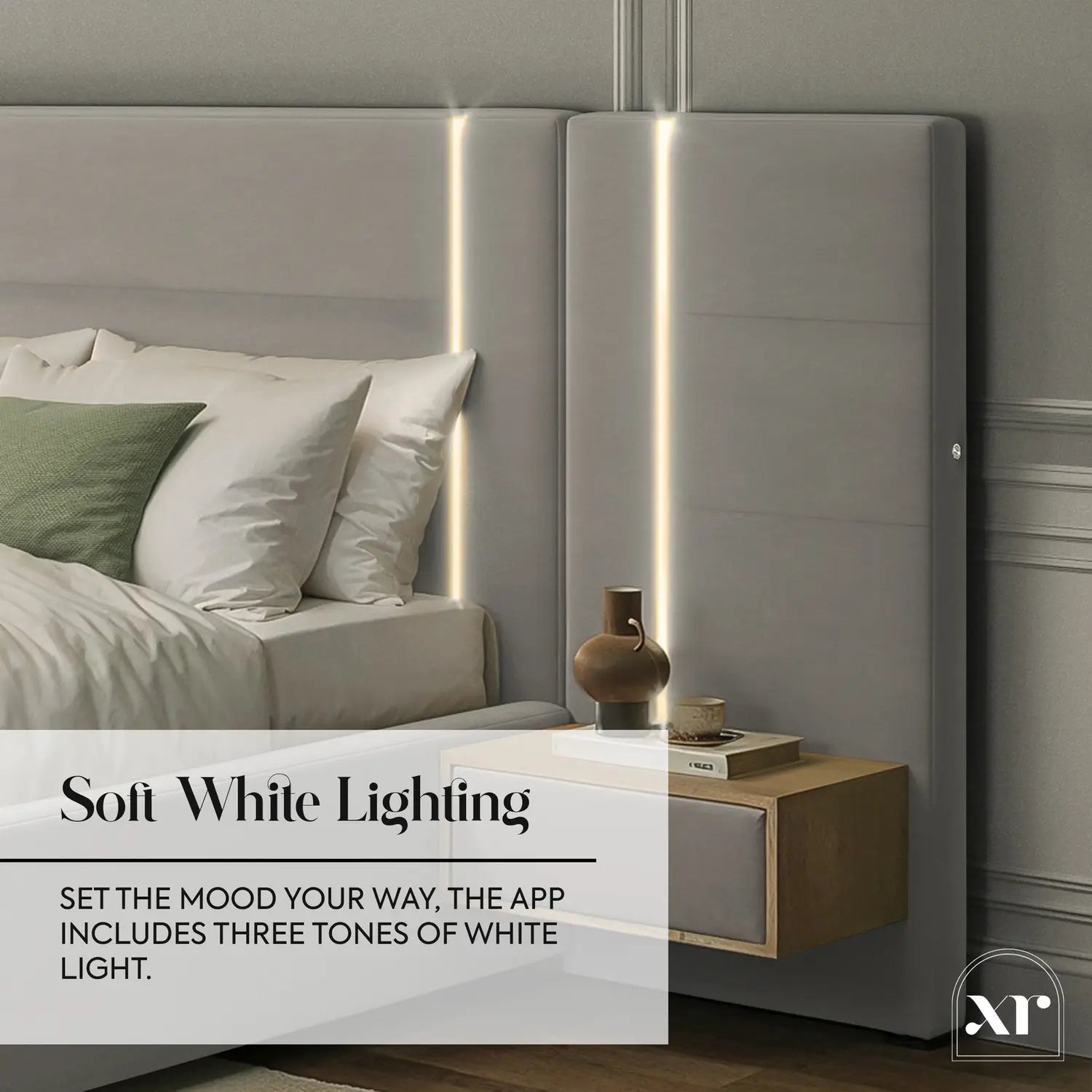 Amelia Ottoman Hotel Bed With Bedside Tables and App Controlled Lights - Grey (2 Sizes)