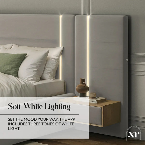 Amelia Ottoman Hotel Bed With Bedside Tables and App Controlled Lights - Grey (2 Sizes)