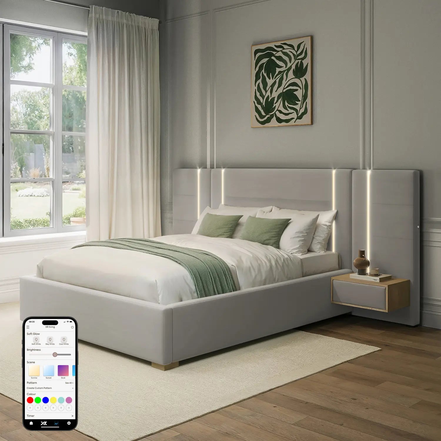 Amelia Ottoman Hotel Bed With Bedside Tables and App Controlled Lights - Grey (2 Sizes)