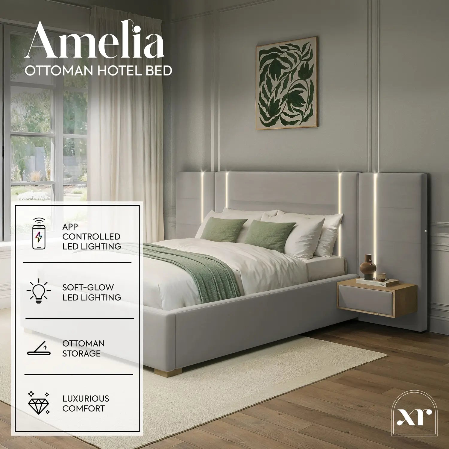 Amelia Ottoman Hotel Bed With Bedside Tables and App Controlled Lights - Grey (2 Sizes)
