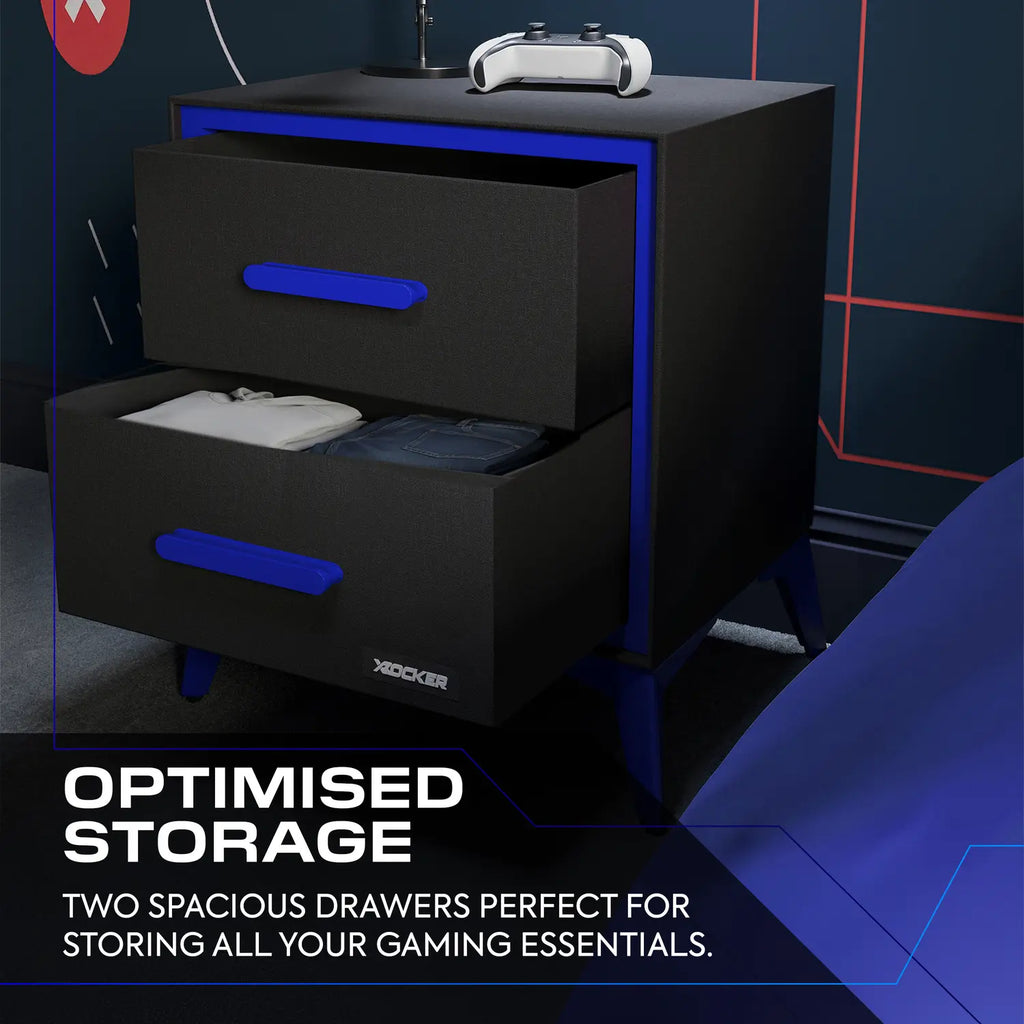 Black canvas bedside table with two drawers on a dark background, featuring the X Rocker logo.