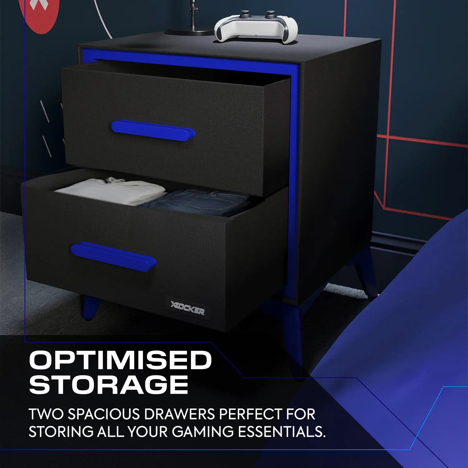 Black canvas bedside table with two drawers on a dark background, featuring the X Rocker logo.