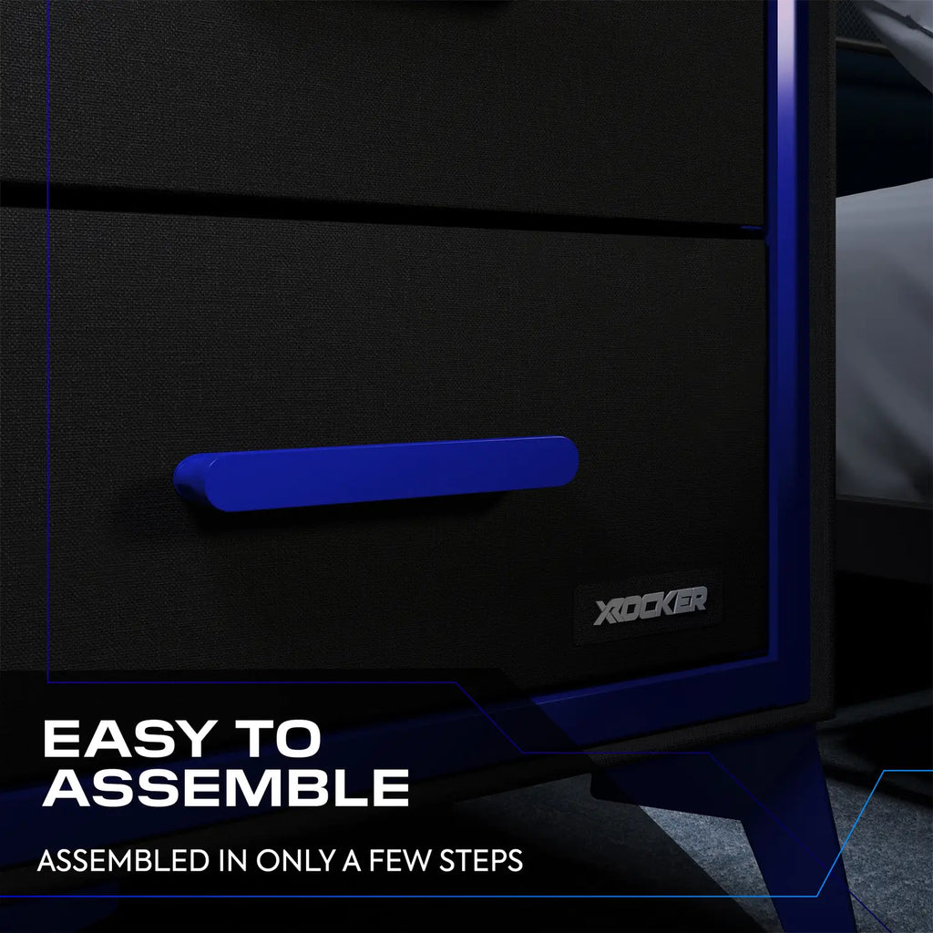 Black and blue bedside table with X rocker branding, text indicating ease of assembly.