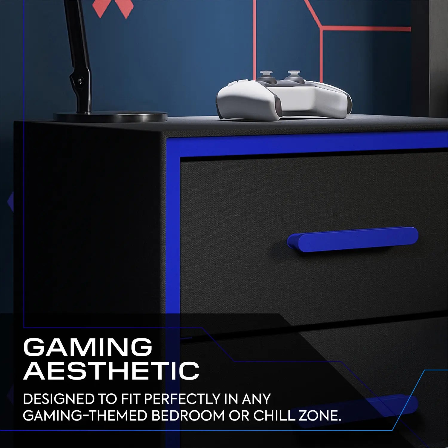 bedside table with accessories against a dark blue wall with geometric shapes.