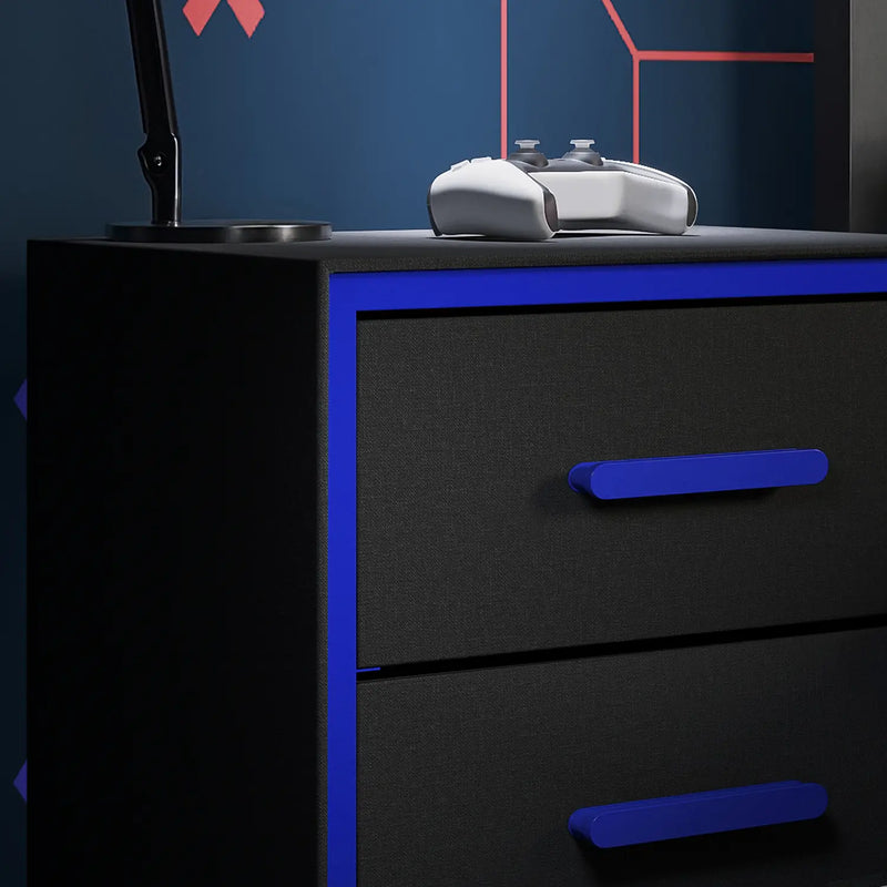Black canvas nightstand with blue handles against a dark background