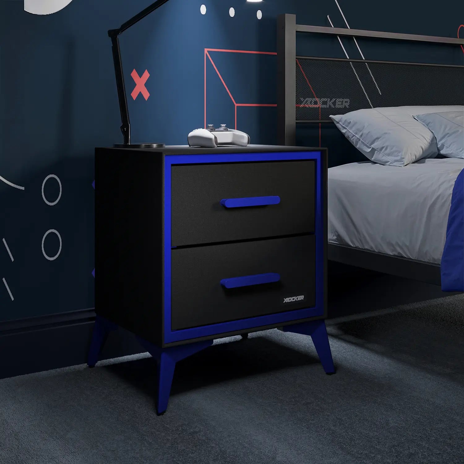 Black and blue nightstand with gaming accessories in a bedroom setting
