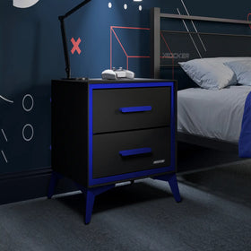 Black and blue nightstand with gaming accessories in a bedroom setting