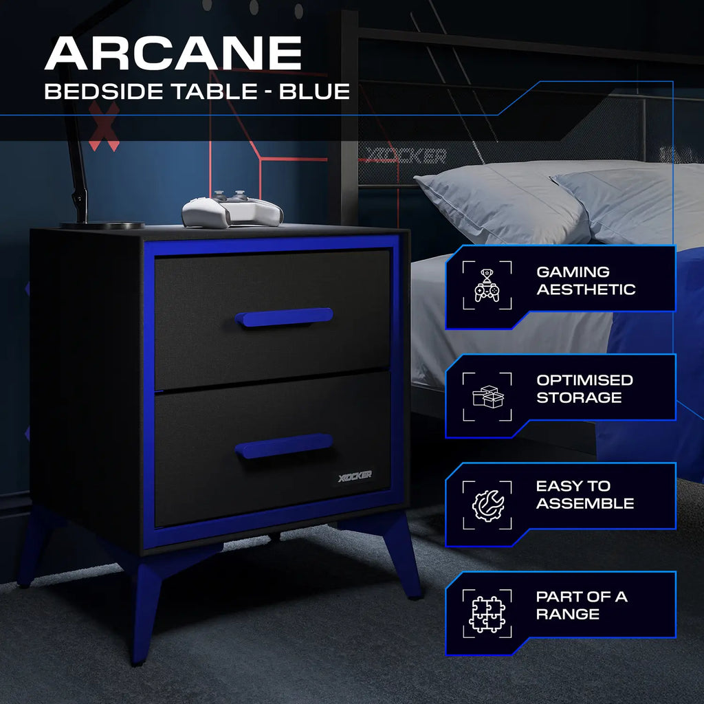 Blue and black bedside table with gaming features highlighted in a bedroom setting.