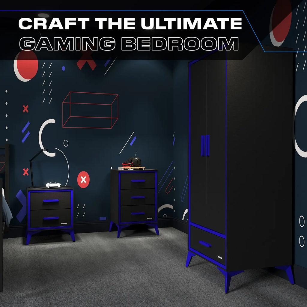 Gaming bedroom setup with furniture and decor on a dark wall with geometric shapes.