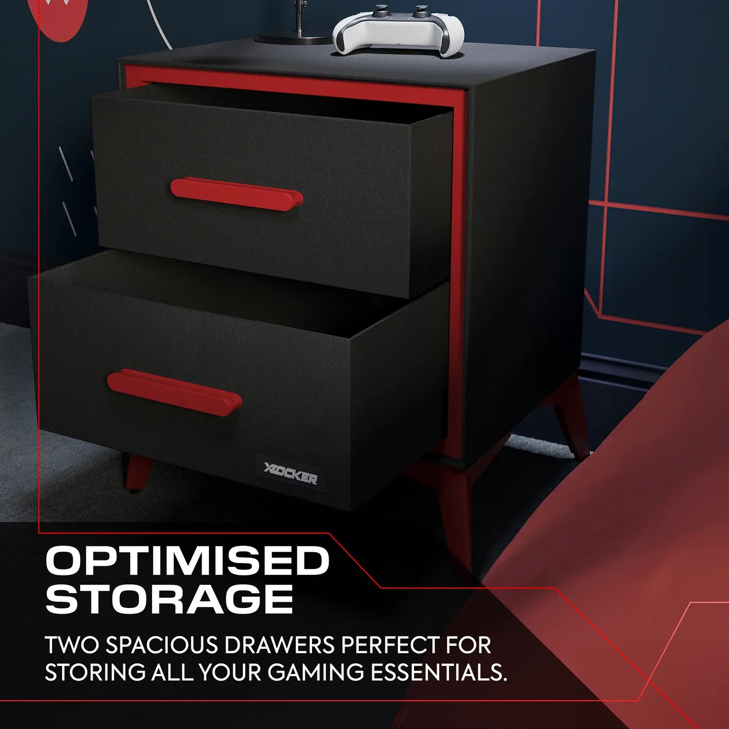 Black and red gaming bedside cabinet with two drawers on a dark background