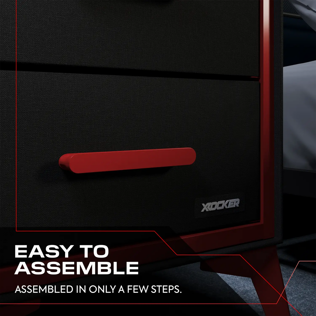 Black and red bedside table with X rocker logo, text 'Easy to assemble' on a dark background