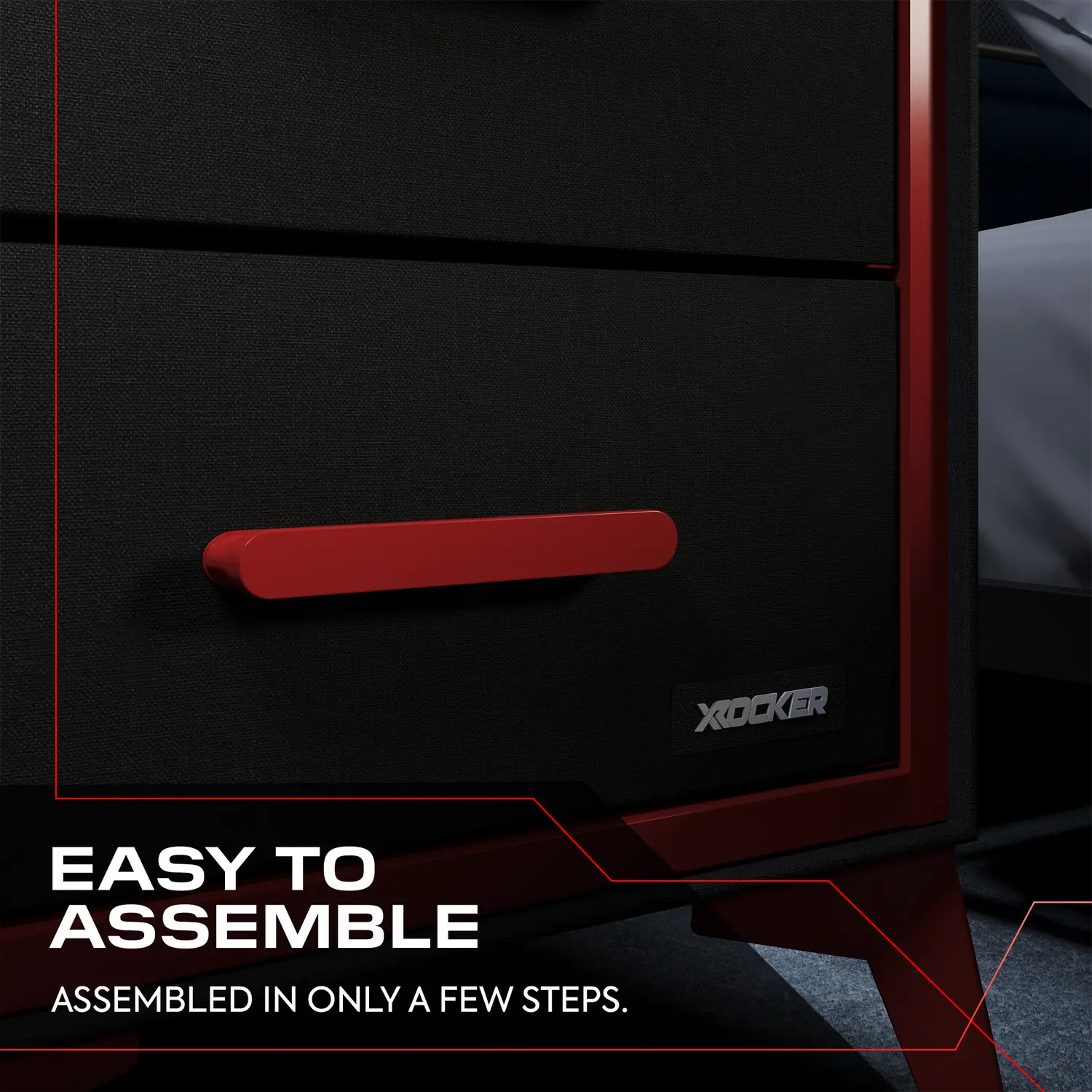 Black and red bedside table with X rocker logo, text 'Easy to assemble' on a dark background