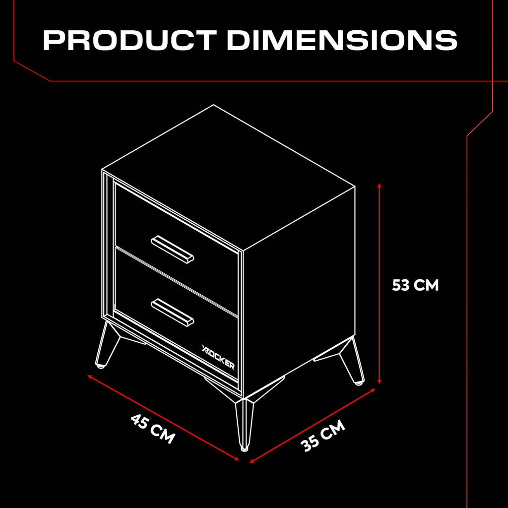 Arcane Bedside Table Dimensions Diagram on a black background, showcasing a 53cm height, 35cm depth and 45cm width