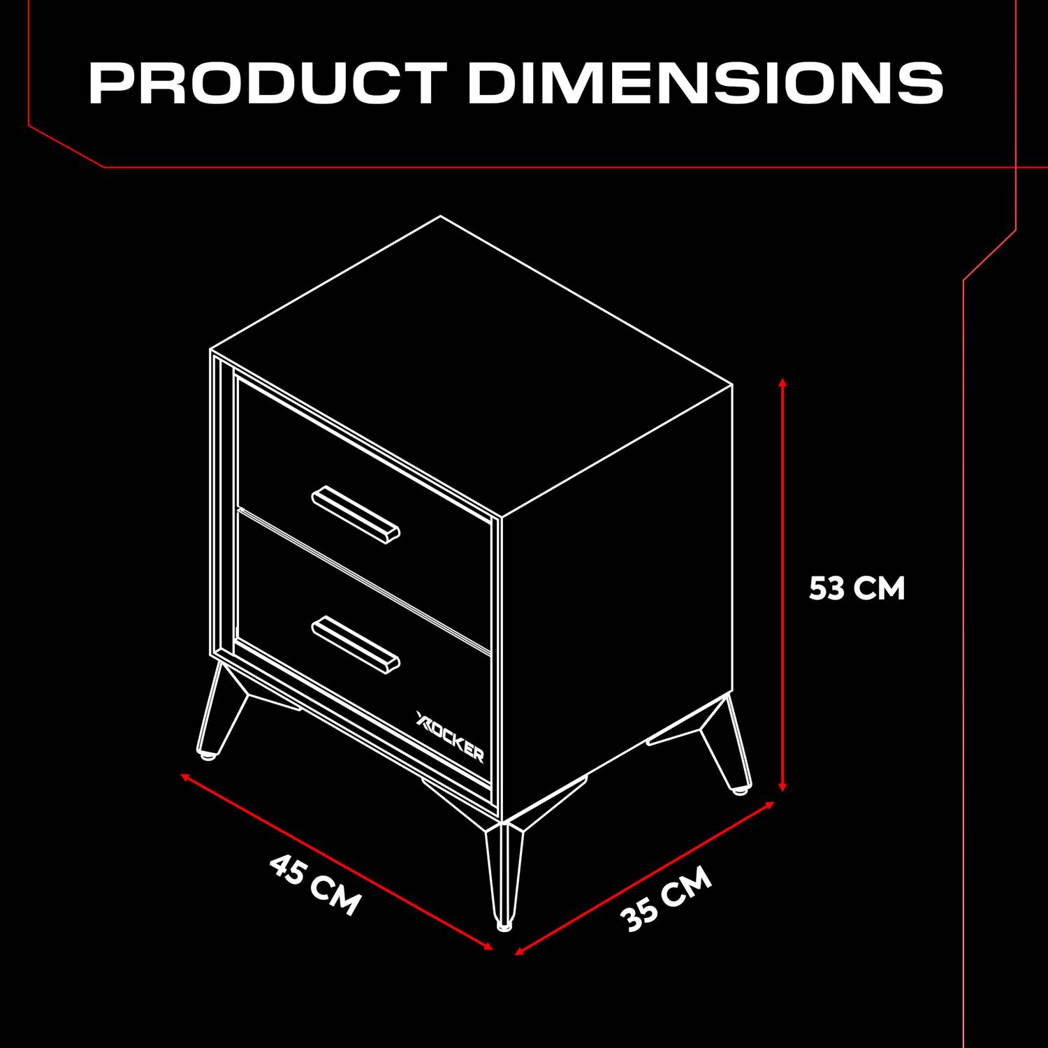 Arcane Bedside Table Dimensions Diagram on a black background, showcasing a 53cm height, 35cm depth and 45cm width