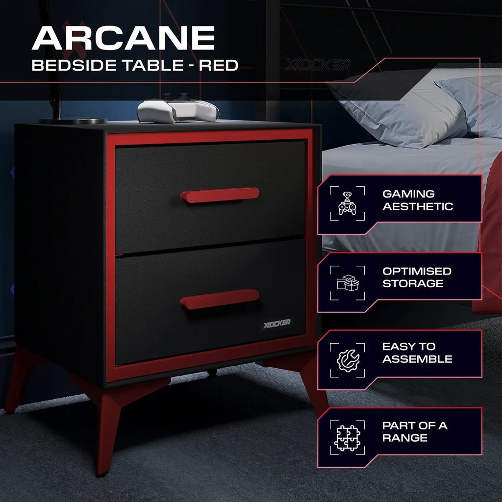 Red and black bedside table with gaming features in a bedroom setting