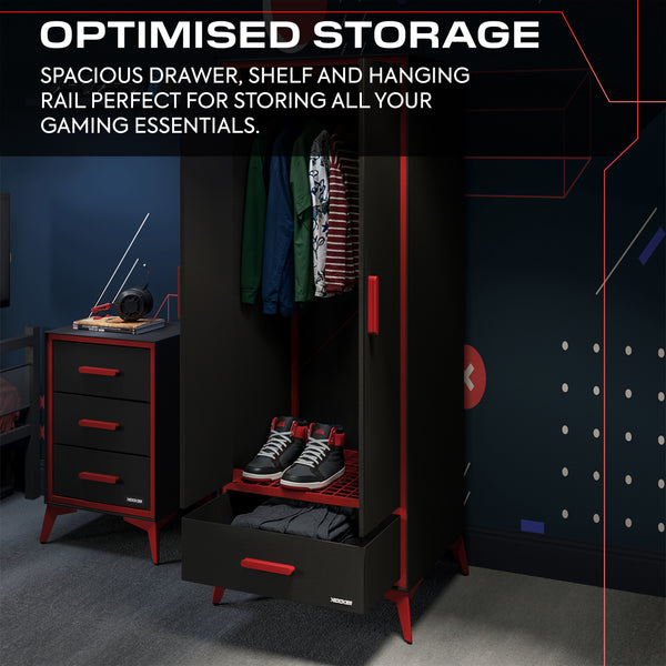 Arcane Canvas 2 Door Wardrobe with Drawer - Black / Red