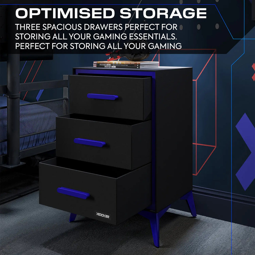 Black dresser with blue accents in a bedroom setting, featuring text about storage capacity.