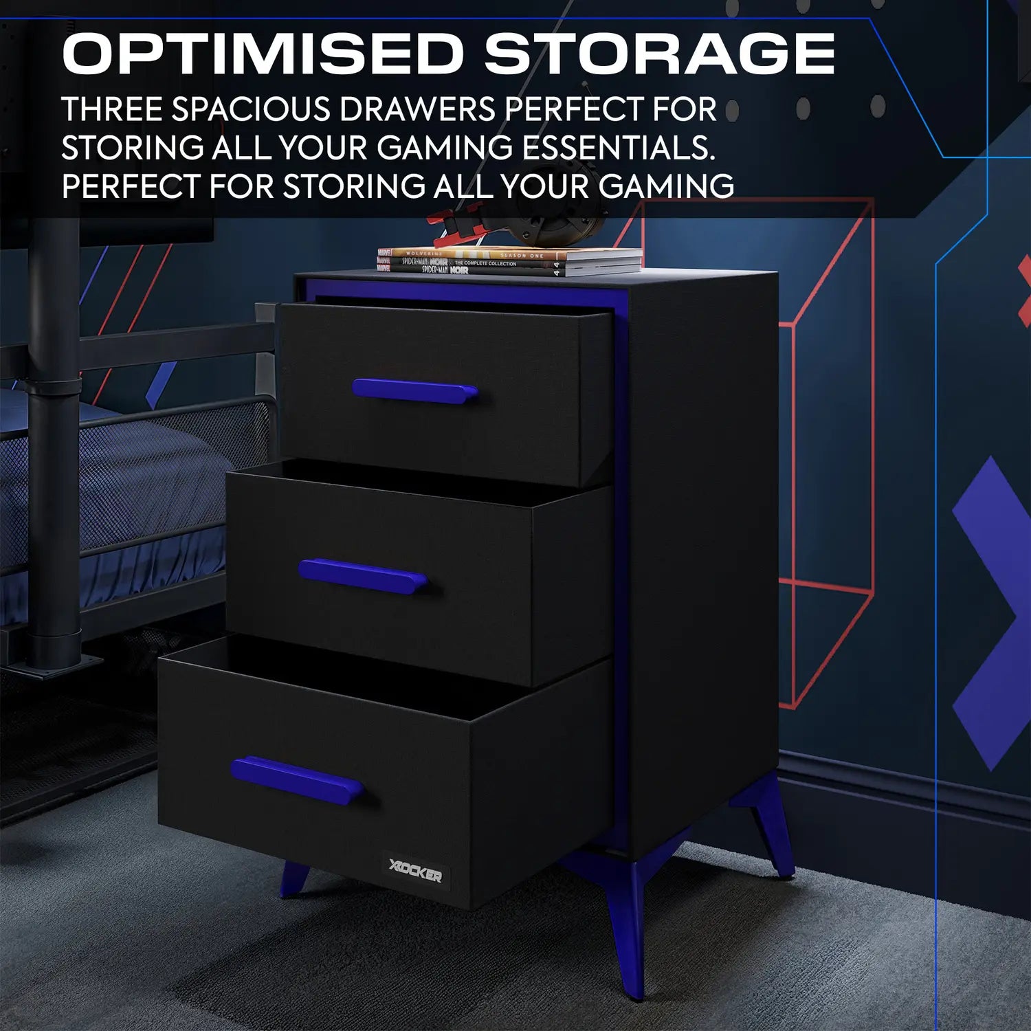 Black dresser with blue accents in a bedroom setting, featuring text about storage capacity.