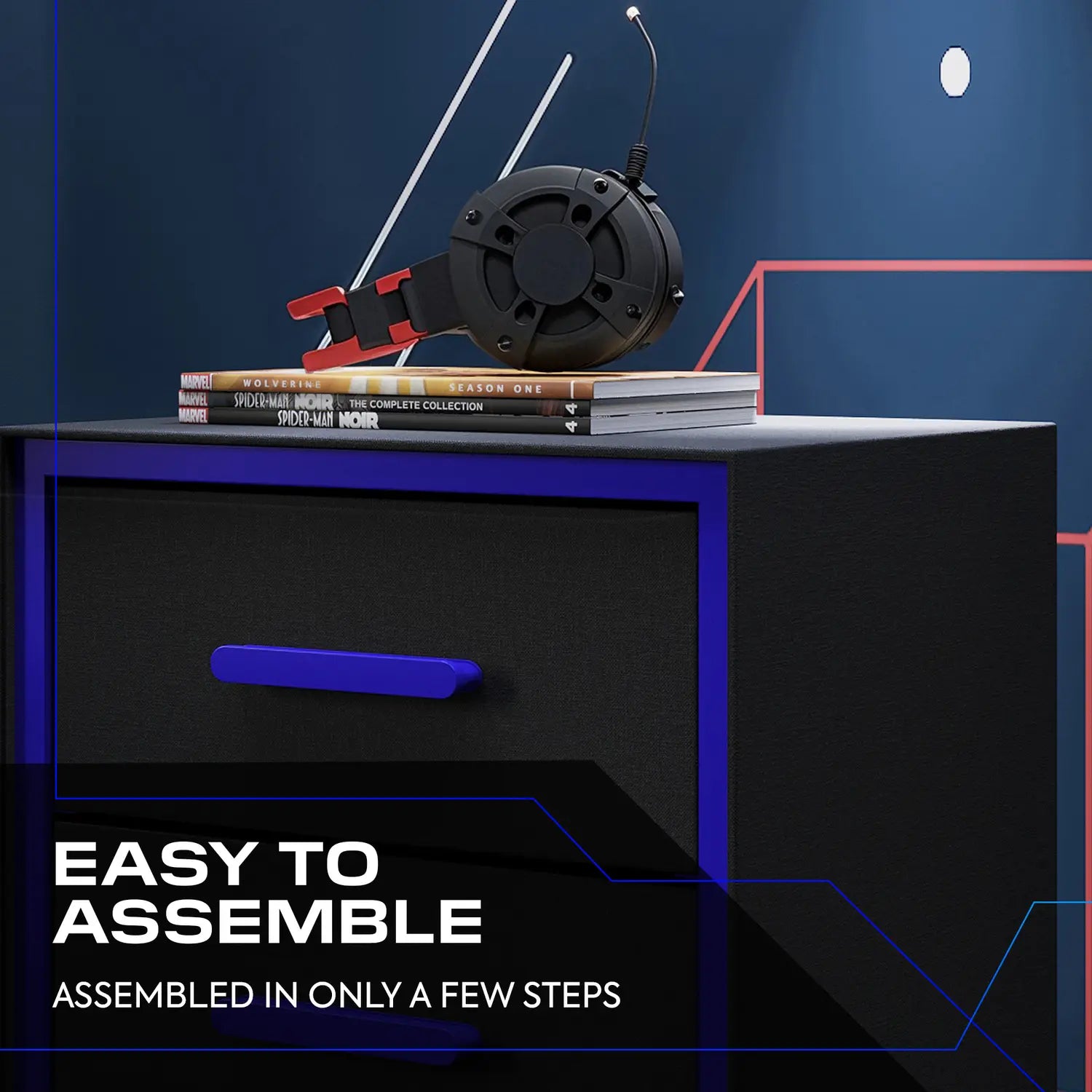 Black cabinet with books and a reel-to-reel tape player on top, against a blue background with text about assembly.