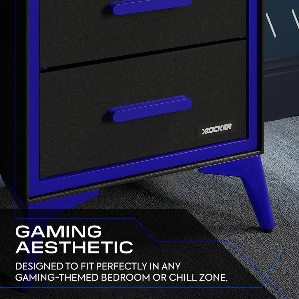 Black and blue chest of canvas drawers with X rocker branding, suitable for a gaming-themed bedroom.